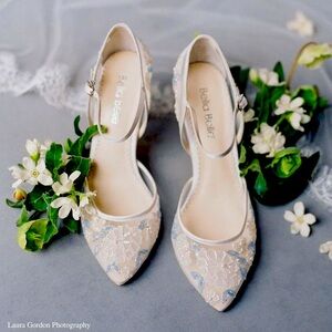 BELLA BELLE Viola Bridal Wedding Ivory Mesh Beaded Blue Floral Low Heel Pump